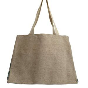 DSW Tan Blue Floral Print Large Canvas Tote Bag & Zip Pouch Set